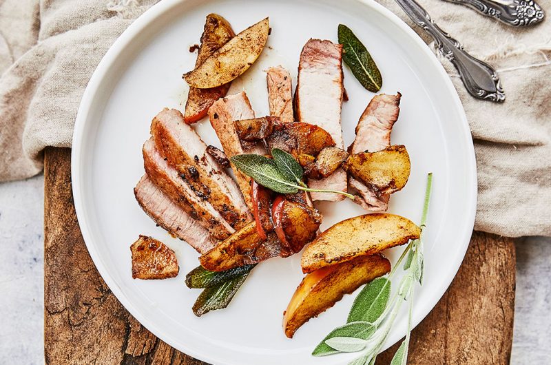 ACV Marinated Pork Chops with apple sauce and sage