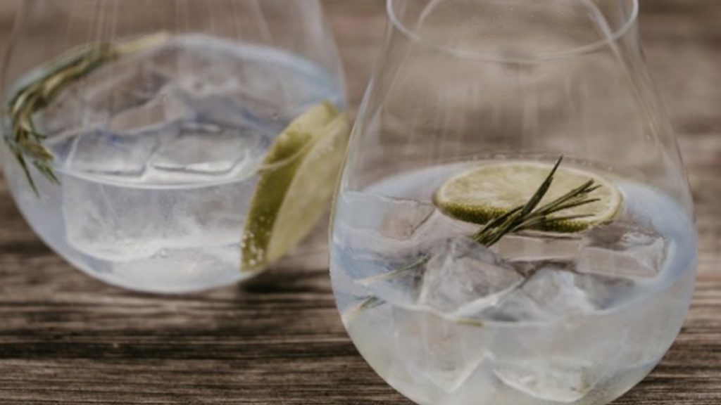Riedel glassware with a gin and tonic